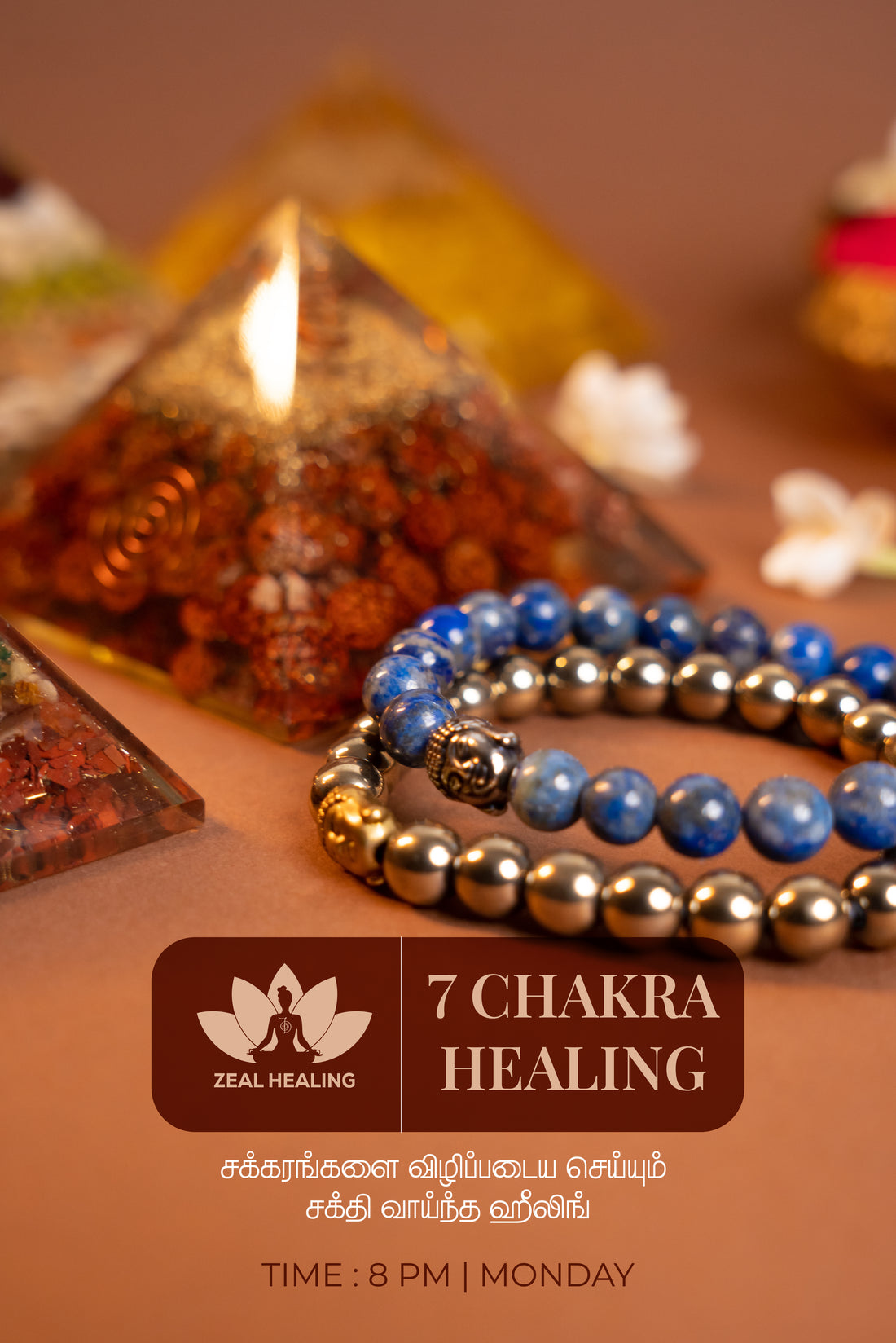 A set of Reiki energized crystal pyramids and a matching bracelet, radiating positive energy and healing vibes.