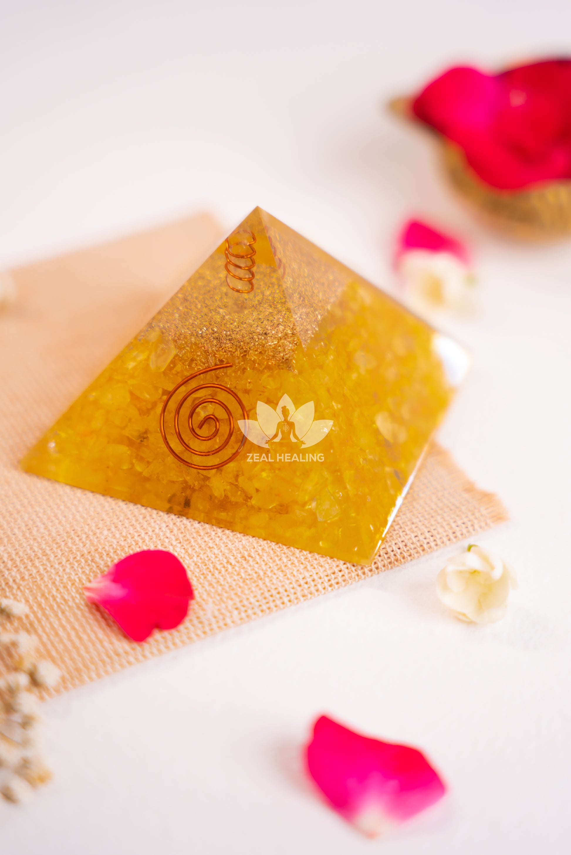 Golden-yellow Citrine pyramid, Reiki energized to attract abundance and joy.