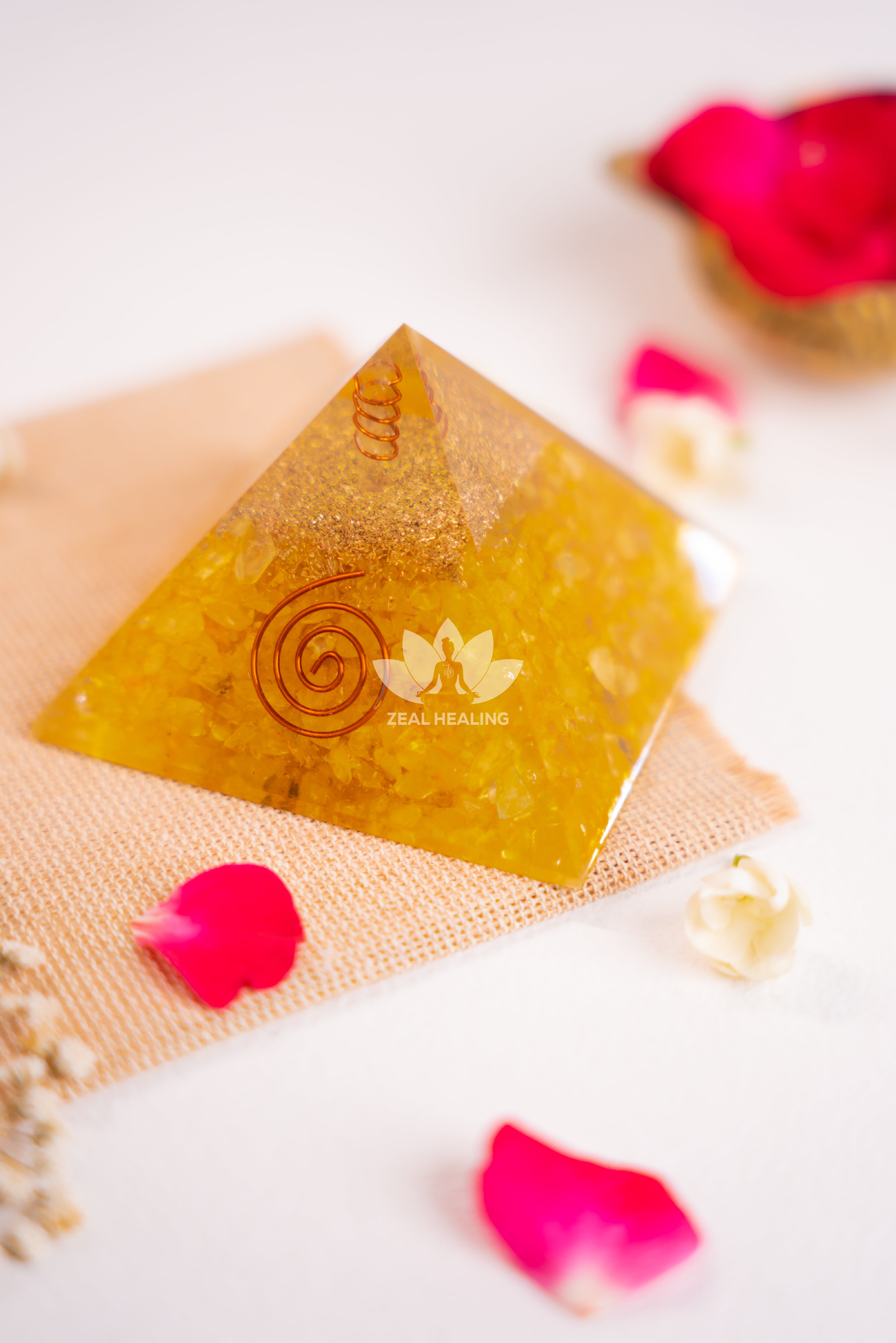 Golden-yellow Citrine pyramid, Reiki energized to attract abundance and joy.