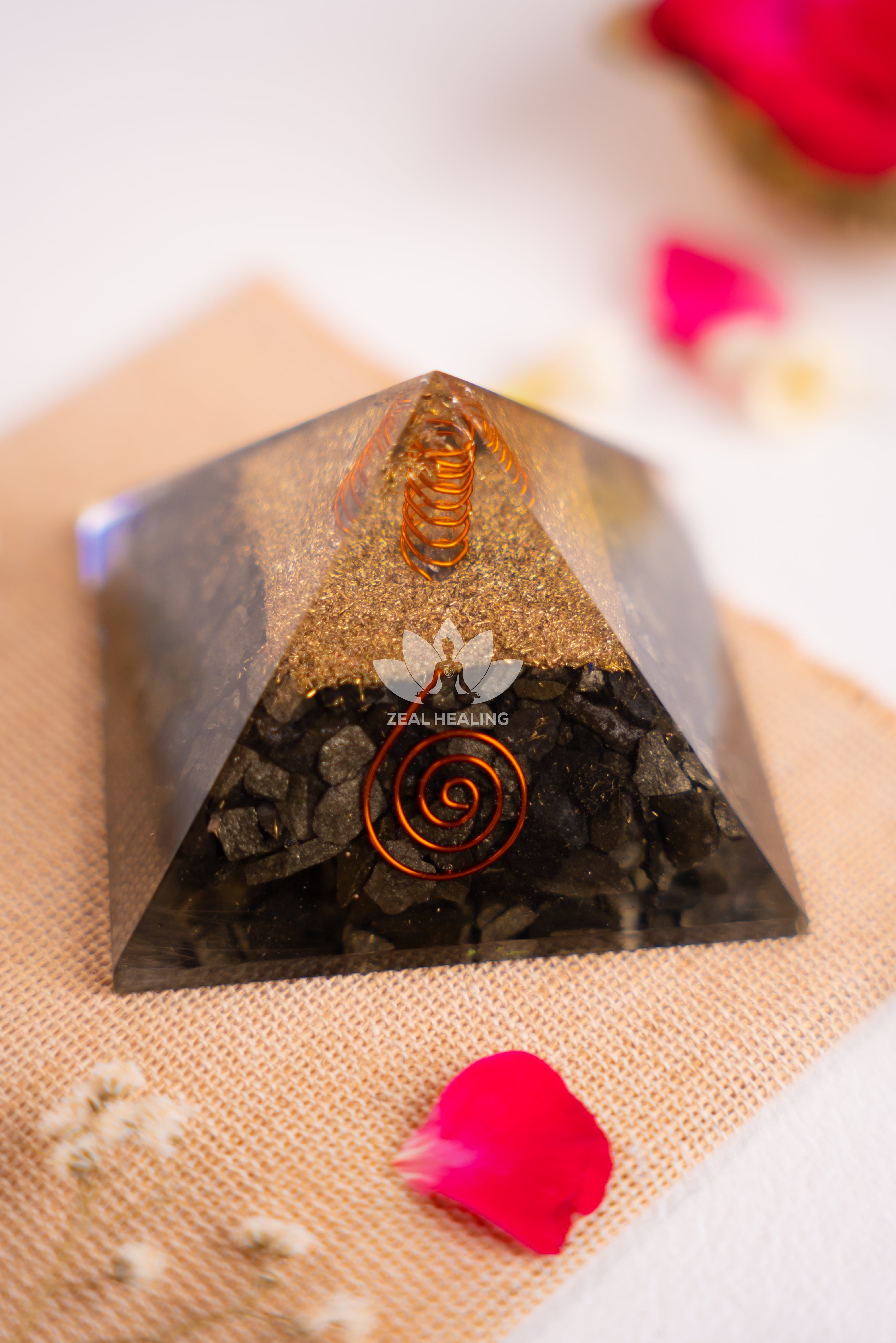 Shiny golden Pyrite pyramid, Reiki energized for 21 days, offering positive energy.