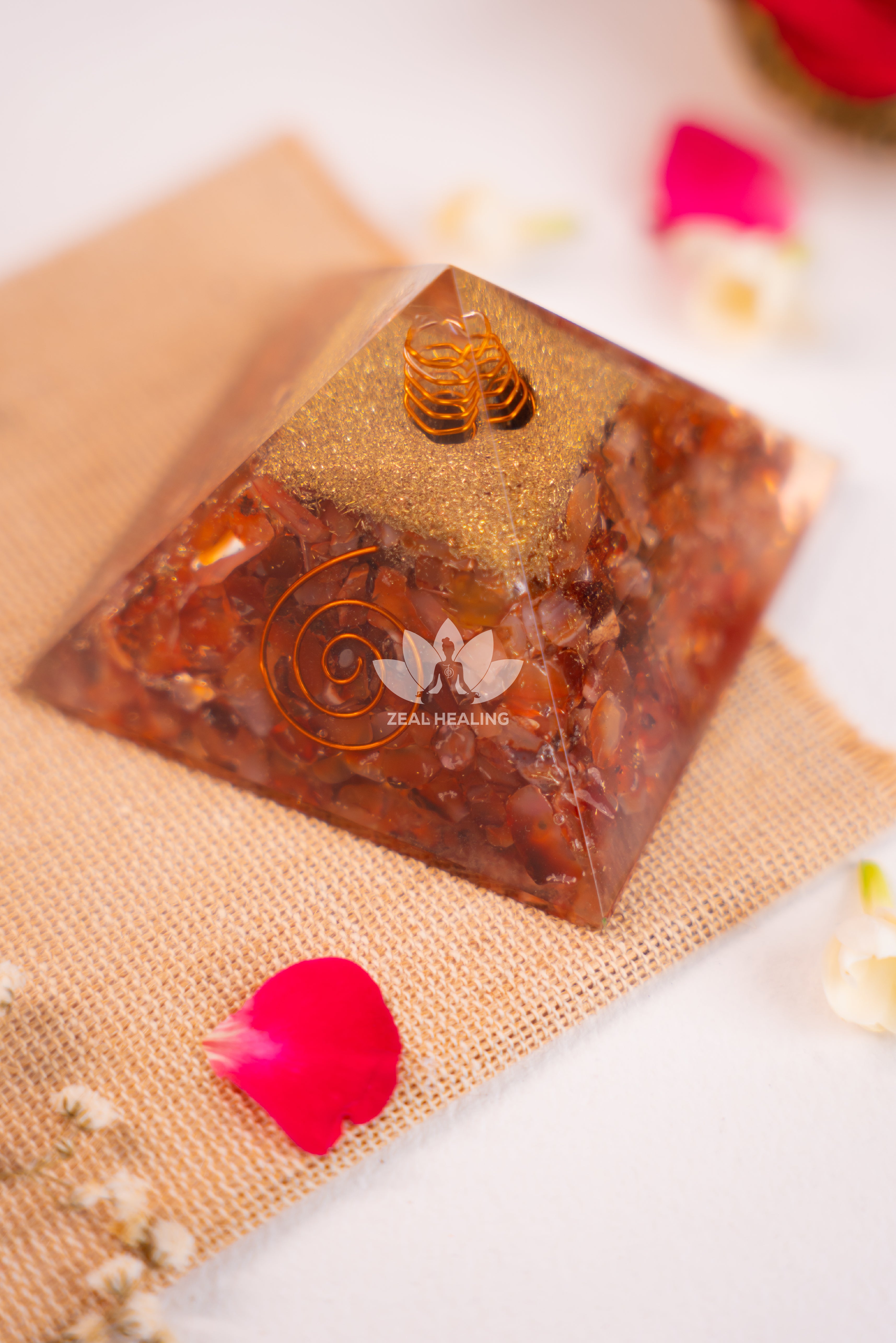 Vibrant red Carnelian pyramid, Reiki energized for vitality, motivation, and creativity.